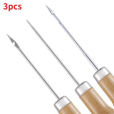 3PCS/SET Wooden Handle Sewing Awl Hand Stitcher Leathe Punch Tool DIY Shoe Repair Hook Tool Leather Accessories