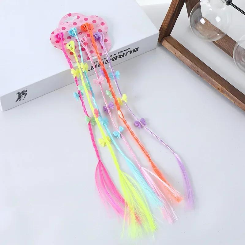 6pcs Kids Girl Candy Color Wig Braid Hair Claw Princes Cute Butterfly Bow Heart Style Hair Clip Children Haid Styling Headwear