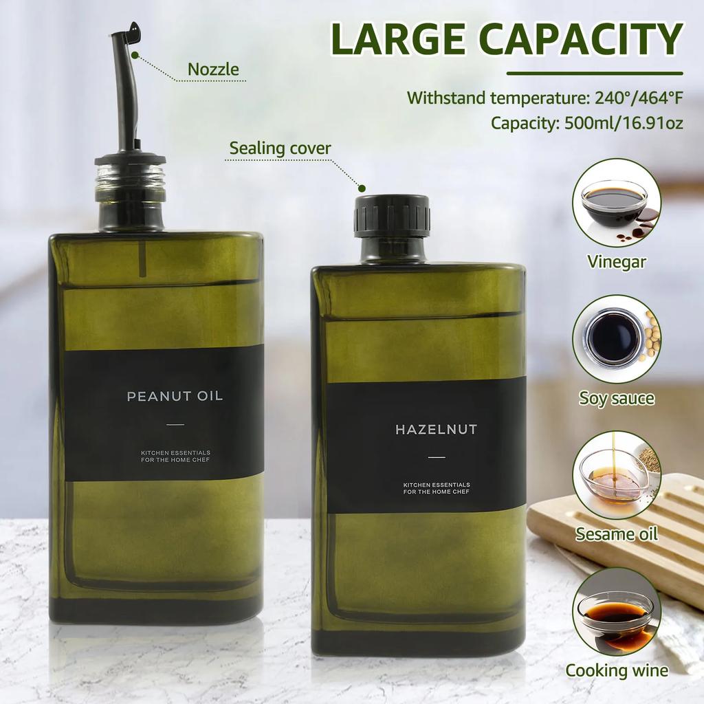 2Pcs Olive Oil Dispenser 500 ml Glass Oil Bottle Seasoning Bottle Vinegar Bottle Condiment Container Kitchen Cooking Gadgets