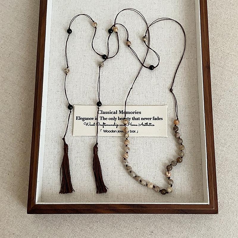 

Retro Long Adjustable Rope Sweater Chain For Women 2 Designs Natural Stone Tiger Eyes Brush Tassel Beads Pendant Necklaces