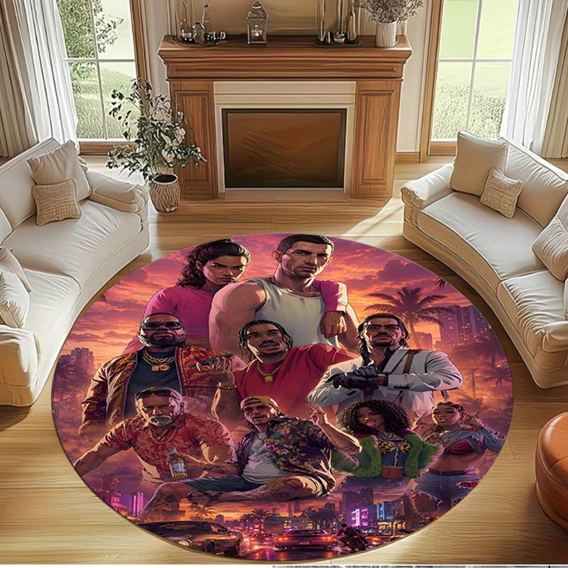 Grand Theft Auto VI Print Round Rug, Washable Floor Carpet, For Entryway Dorm Laundry Room Office Study, Home Decor Birthday Christmas Gift