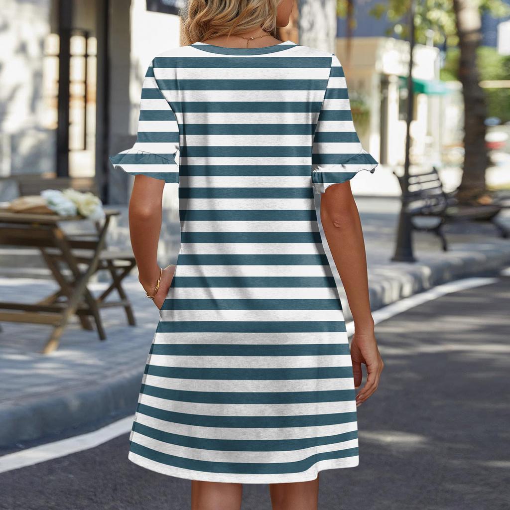 Damen A-Linie Sommerkleid Kurzarm V-Ausschnitt Bedrucktes Kleid Mit Taschen