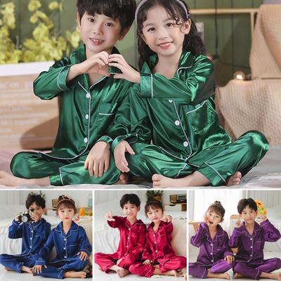 2Pcs/Set Kids Pajamas Set Spring Fall Turn-down Collar Button Pocket 3-14 Years Boys Girls Faux Silk Long Sleeves Sleepwear Loungewear Kit