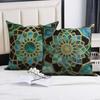 4 Stück/Set Grüne Goldene Mandala Kissenbezüge, Marokkanische Geometrische Kissenhüllen, Polyester/Leinen, Boho Luxus Heimdekoration
