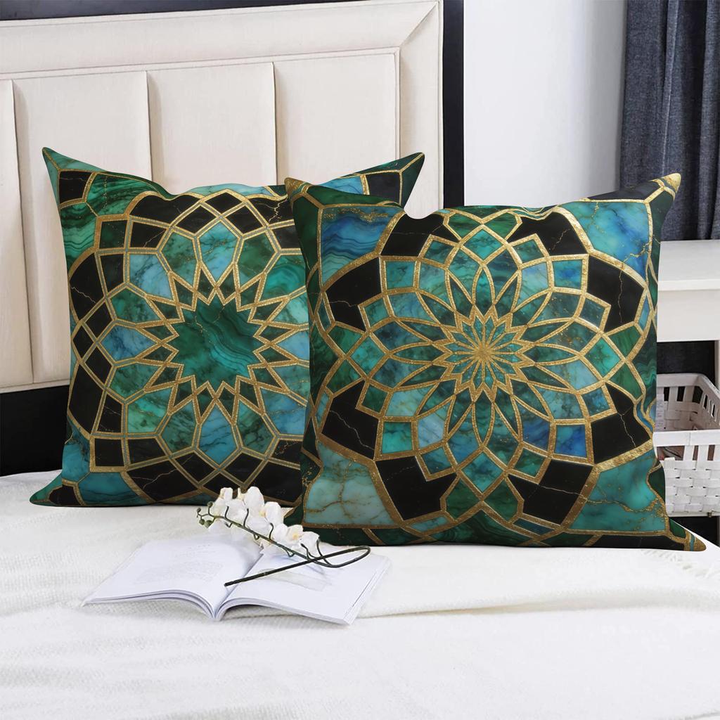 4 Stück/Set Grüne Goldene Mandala Kissenbezüge, Marokkanische Geometrische Kissenhüllen, Polyester/Leinen, Boho Luxus Heimdekoration