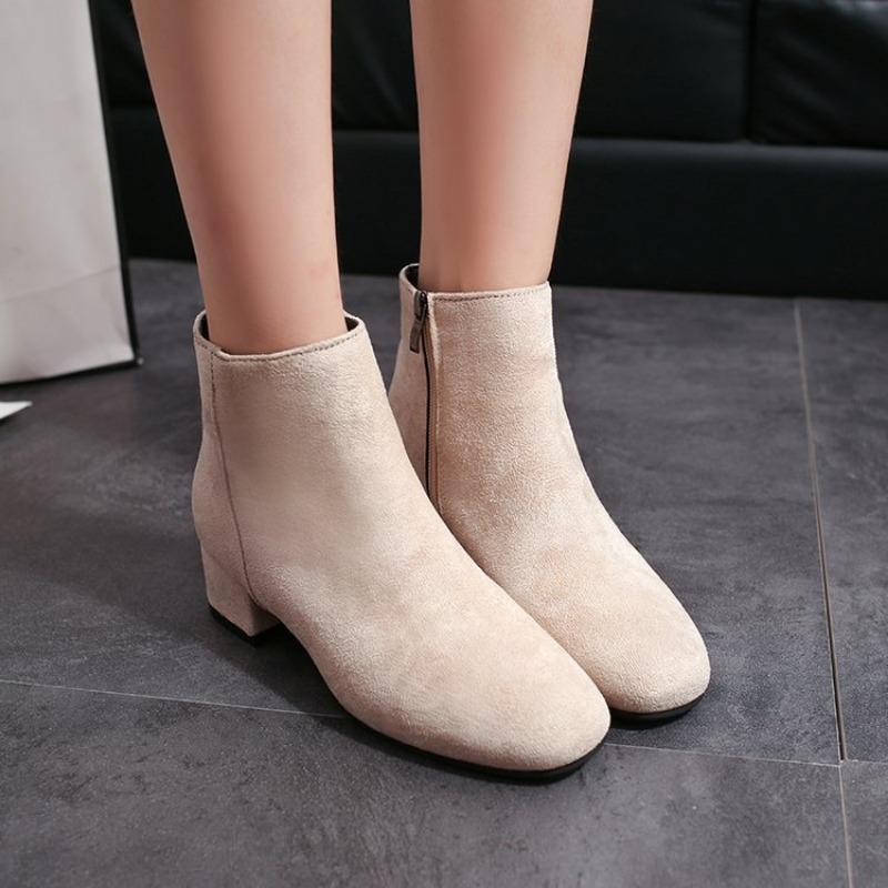 Ankle Boots Women Autumn New Square Head Suede Thick Heel Single Boots Low Barrel Mid Heel Side Zipper Solid Color Women Boots