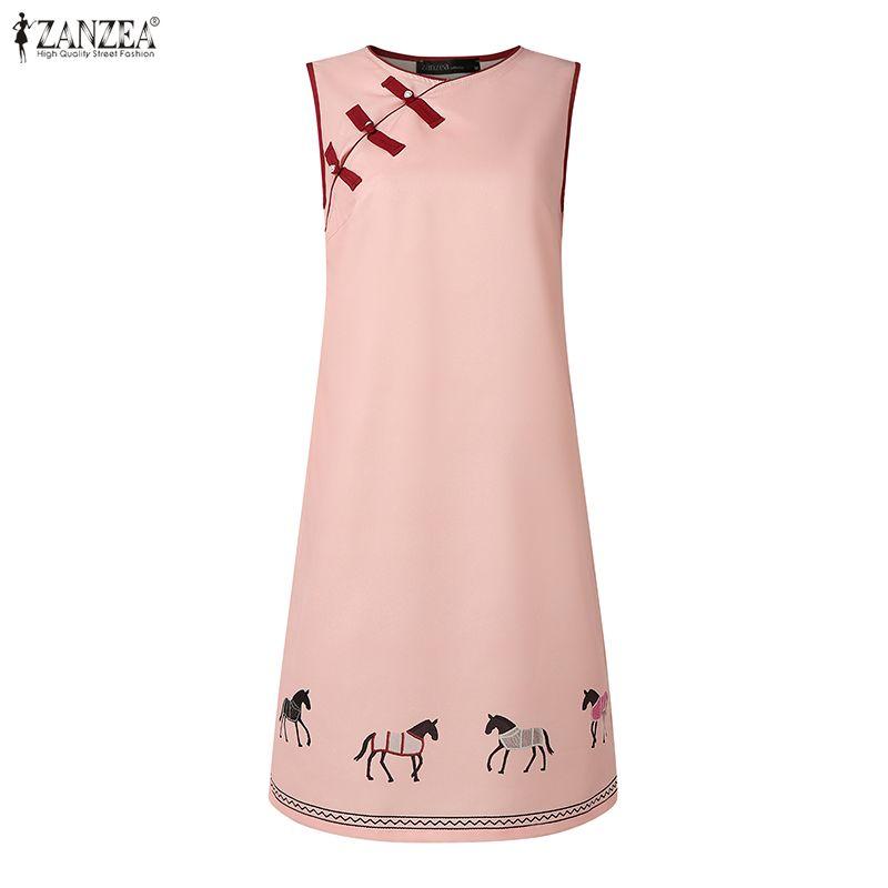 ZANZEA Women Elegant Casual Round Neck Summer Sleeveless Print Dress