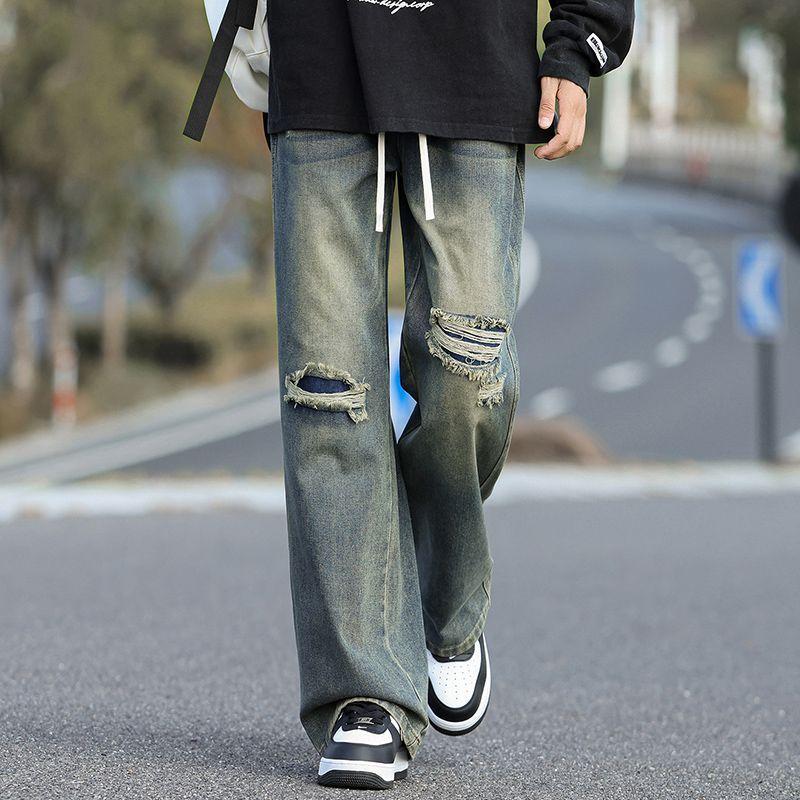 Spring and Autumn Ripped Waist Belt Straight Jeans Men's Trendy Brand Retro Old Loose American Casual Denim Pants