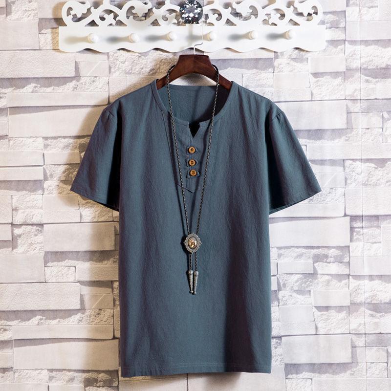 Men's Large-Size Chinese Style Casual T-Shirt - Solid Color  Imitation Cotton and Linen Short-Sleeved