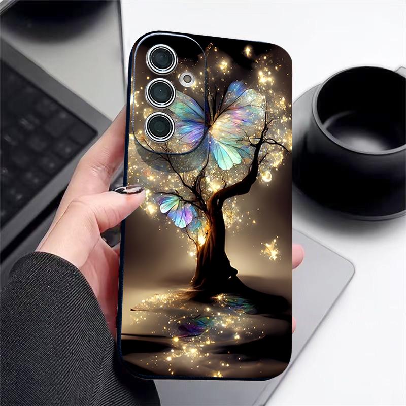 Shining Fantasy Tree Butterfly Pattern Case For Samsung Galaxy S26 Ultra S25 Edge S24 S23 S22 Plus S21 FE Leather Texture Silicone Cover