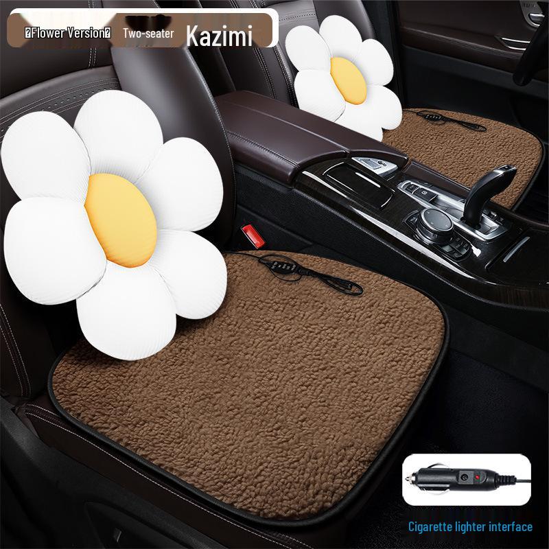 Solid Color Lamb Wool Cartoon Panda Car Seat Cushion - Winter Heating Pad with Sunflower Design