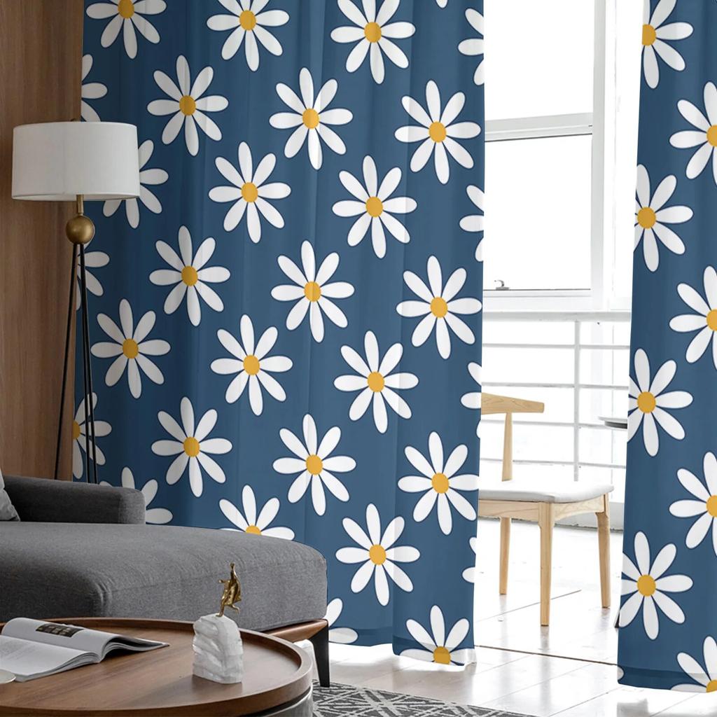 Blue Background Daisy Tulle Curtains Living Room Kitchen Chiffon Curtain Bedroom Balcony Sheer Curtain Fashion Home Decor