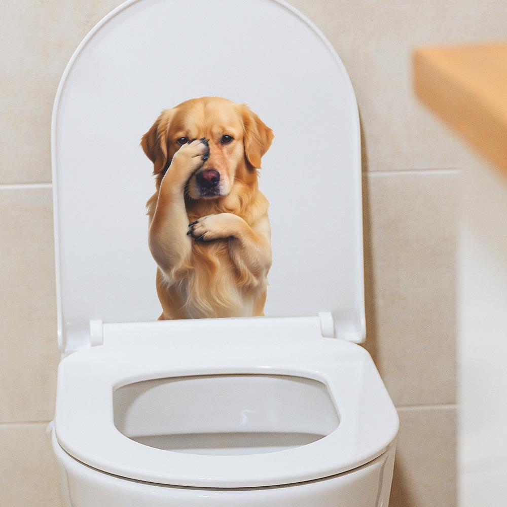 Cartoon Golden Retriever Covering Eyes Bathroom Toilet Wall Sticker Self Adhesive Home Decor