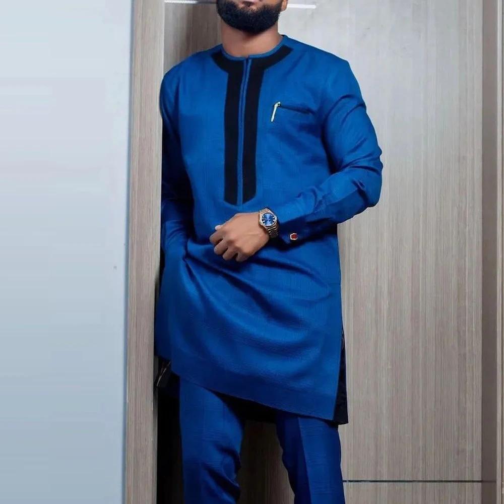 S-4XL Men Dashiki Long Clothes Shirt Trouser Set Mens 2 Pieces Outfit Suit Traditional Male Clothes T-shirt Pant Suits for Men