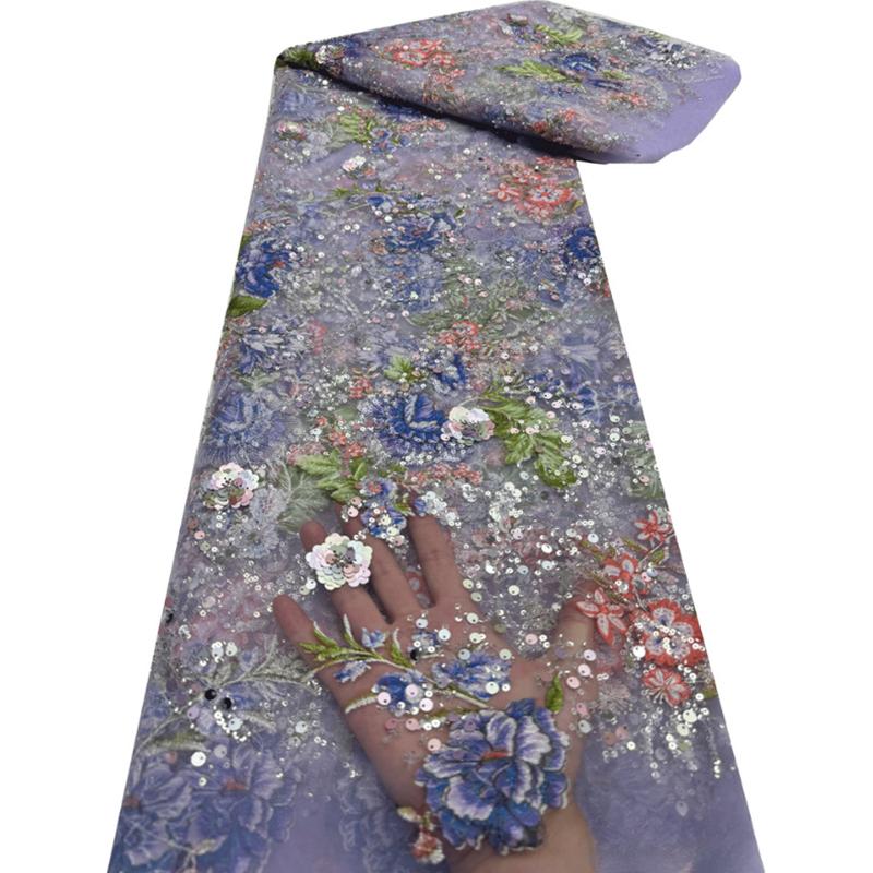 120x90cm African Nigerian Tulle Mesh Lace Fabrics Embroidery Sequins Lace Fabric Wedding Dress Party Dress Beaded Lace Fabric