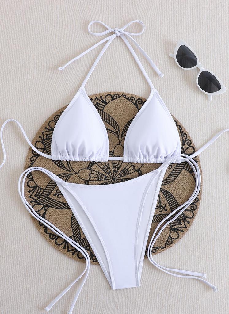 Bikini triunghiular de damă, culoare solidă - cu șireturi, elasticitate ridicată, uscare rapidă, respirabil, bureți detașabili, costum de baie sexy