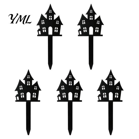 Halloween Gartenstecker 5 Stück Pflanzstecker, Acrylschild für Außenbereich Garten Rasen Hinterhof, Pflanzenornamente Geisterhaus Schwarze Katze Silhouette Kunst