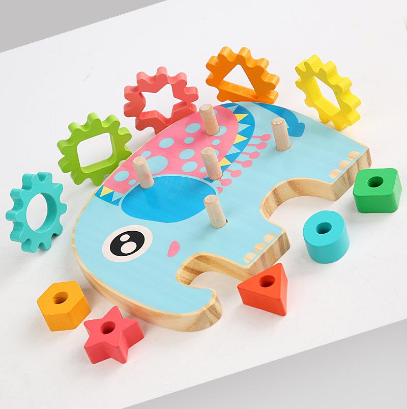 Children's Educational Toy Geometric Shape Matching and Inserting Column Wooden Building Blocks Gear Set Early Learning Toys