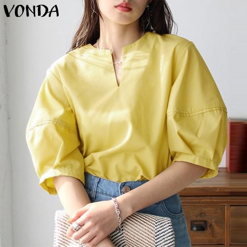 

VONDA женская летняя свободная однотонная блузка с v-образным вырезом и круглыми рукавами средней длины