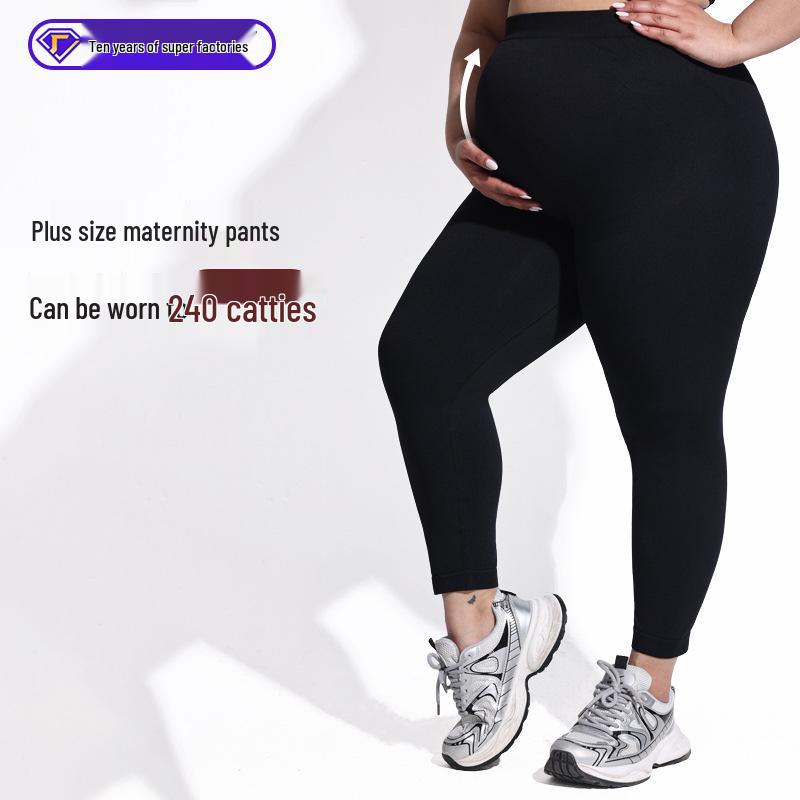 Plus Size High Waist Seamless Maternity Yoga Leggings - Black Slimming Sport Pants for Pregnant Women