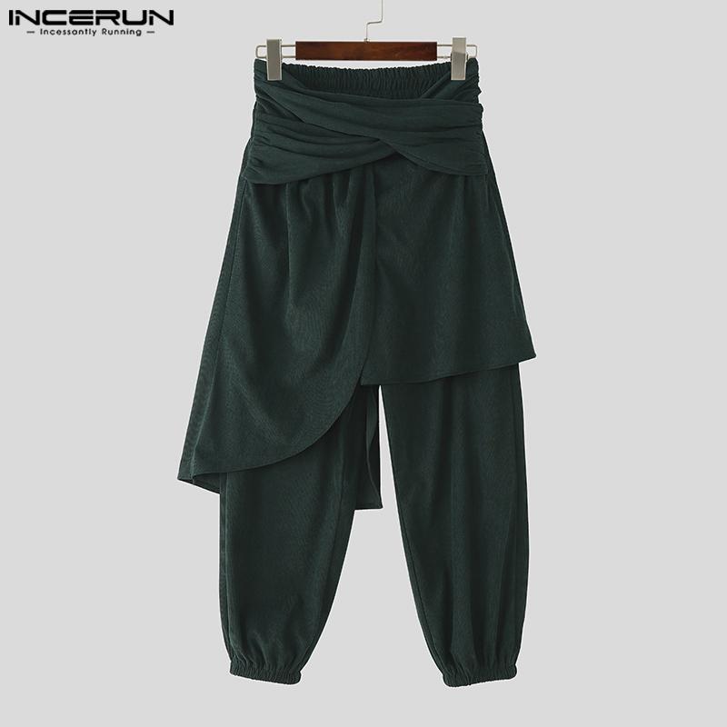 INCERUN Autumn Men Casual Elastic Waist Ruffled Irregular Corduroy Harem Pants Trousers