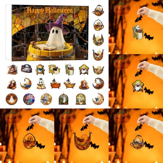2025 Halloween 2D Ghost Reading Ornament Countdown Set 24 Days Advent Calendar Stained Glass Window Hanging Suncatchers for Home Decor
