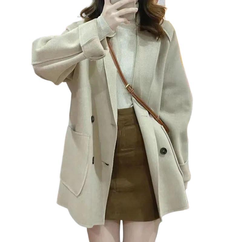 Women's Korean-Style Woolen Lapel Coat – Small Size, Loose Fit, Versatile for Spring & Autumn 2024