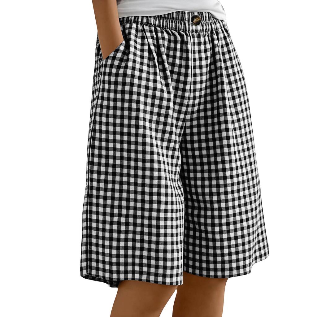 Women's Casual Comfortable Plaid Button-up Summer Shorts With Pockets
