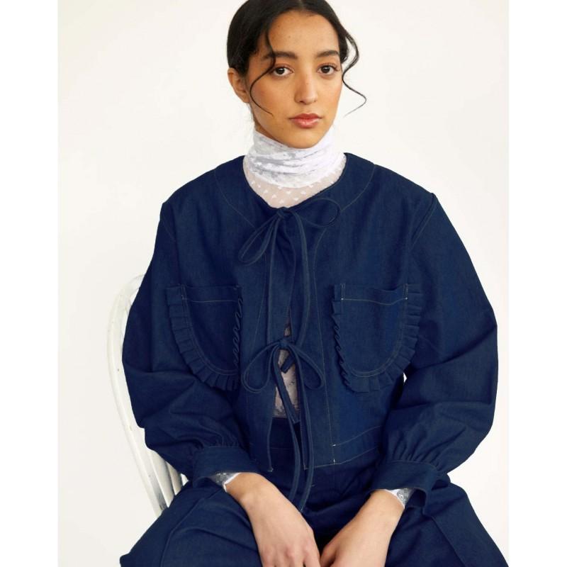 Womens Denim Jacket Fall Winter Street Style Loose Long Sleeve Lace Up Short Coat