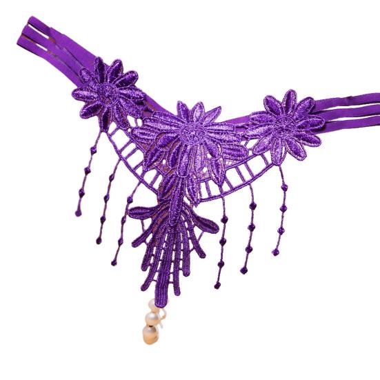 Women G-string Flower Embroidery Tassel Solid Color Hollow Out Faux Pearl Decor Spaghetti