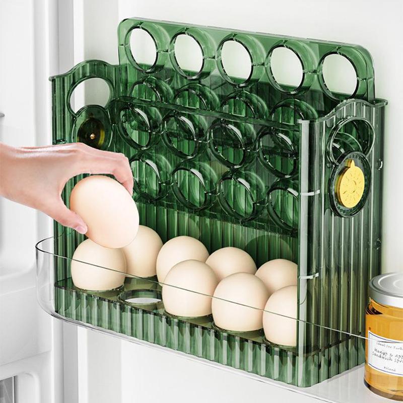 Organizator de ouă cu rabat automat, suport pentru ouă cu 3 niveluri, 30 de bucăți, recipient pentru depozitarea ouălor pentru ușa laterală a frigiderului sau blat