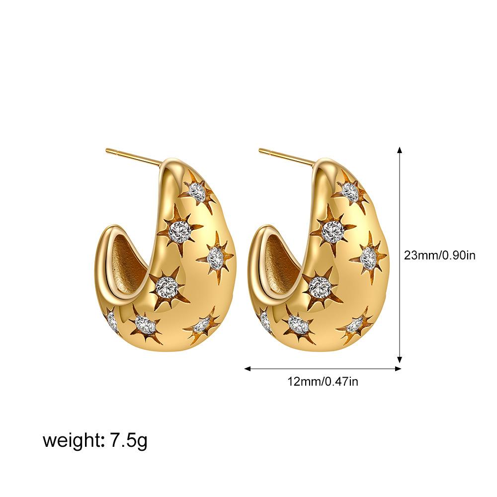 Stainless Steel 18K Gold with Diamonds Octagram Moon Stud Earrings Atmospheric Premium Earrings Earrings