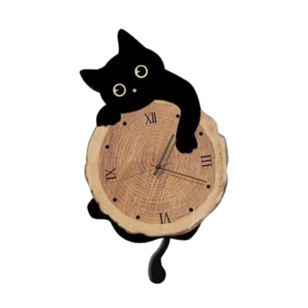 Cat Wall Clock Modern Animal Non Ticking Cute Analog Wall Clock with Swinging Tail Silent for Kids Room Indoor Housewarming Gift