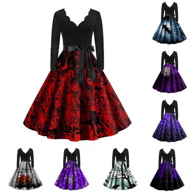 Women's Vintage Classic Dress Neck Waist Bow Tie Long Sleeves Halloween Print V Neck Swing Dress
