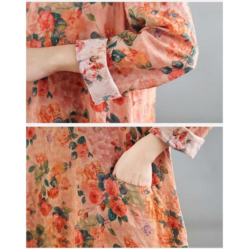 2025 Vintage Printed Round Neck Long Sleeve Patchwork Loose Plus Size Long Dresses