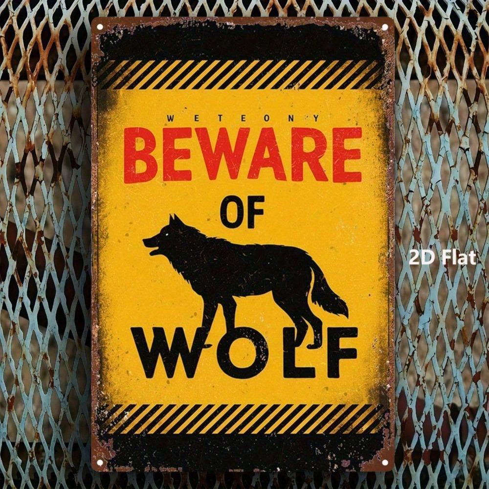 Vibrant Yellow Wolf Warning Sign, Black Outline Wall Art, 8x12 Inch, Easy Mounting, Tin Decor
