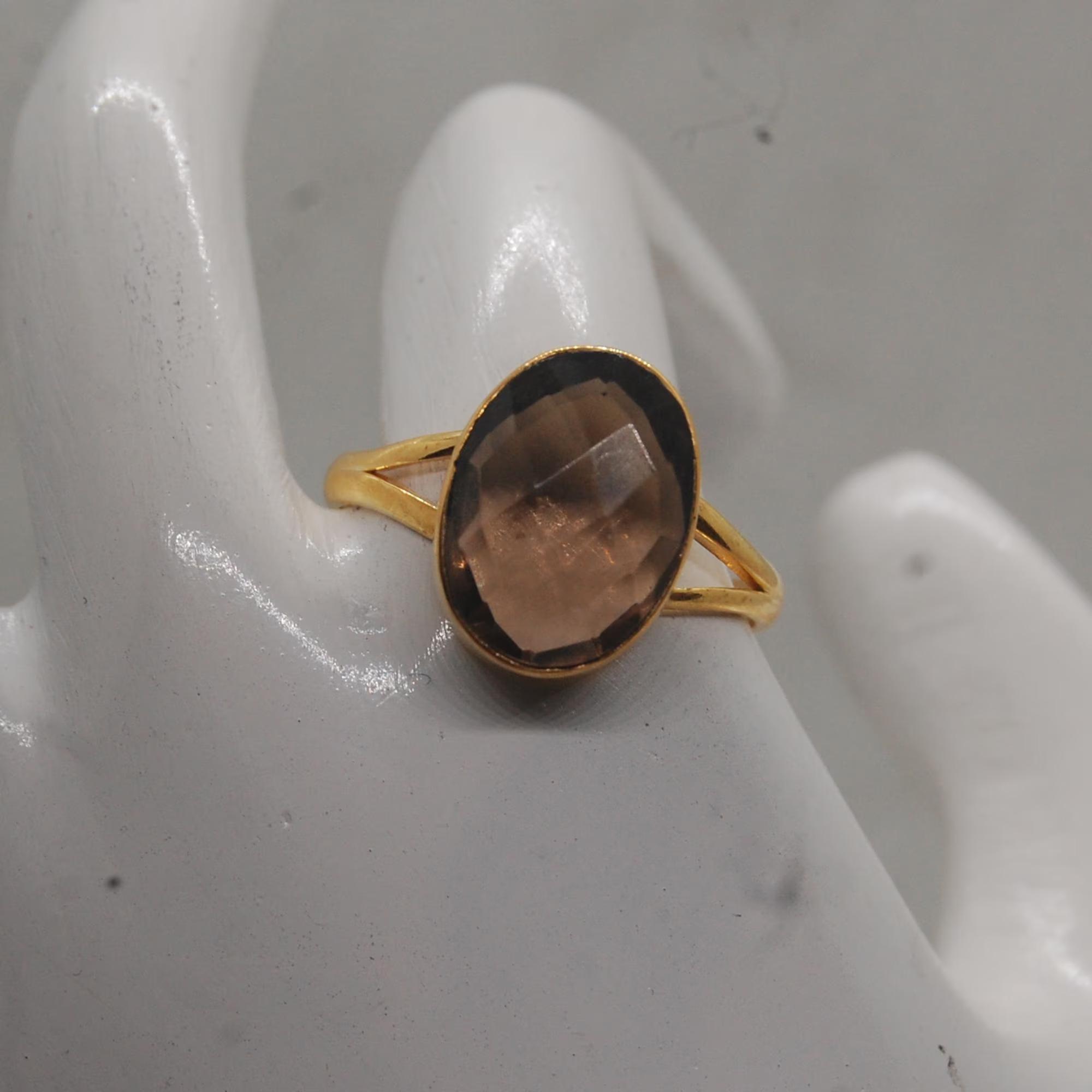 

Oval Rose Cut Brown Smoky Quartz Gemstone 925 Sterling Silver Yellow Gold Fill Ring Jewelry, Handmade Gift Artisan Ring Jewelry 10