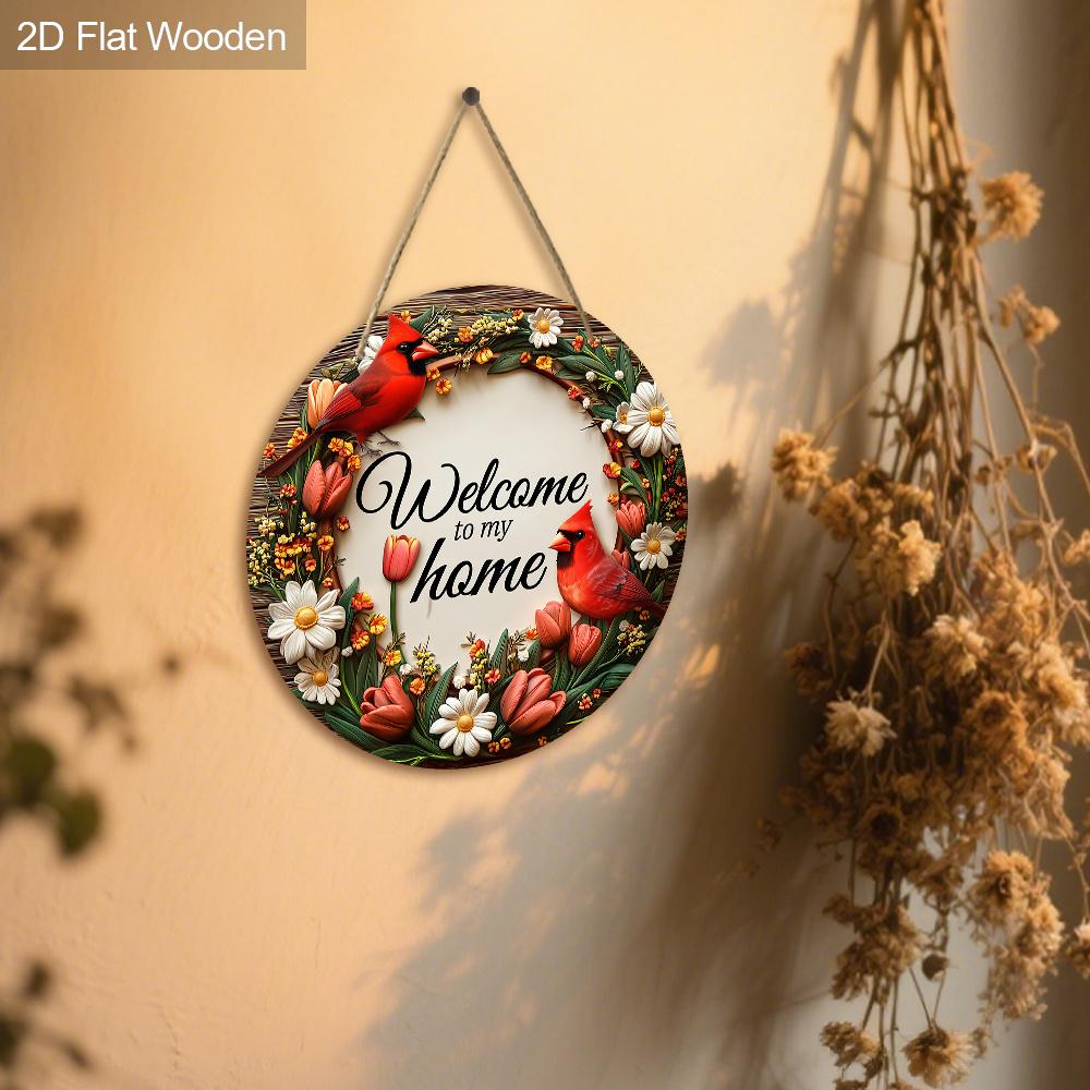2D Flat Classic Cardinal Wooden Christmas Sign, Charming Decorative Plaque with Wreath Pattern, Ideal for Front Door, Home, Office Decor