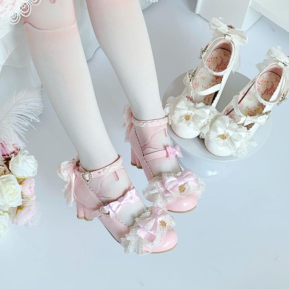 Sweet Girls Lolita Wedding Dress Kitten Heels Shoes Young Women Students Cute Sakura Lace Bowknots Princess Mary Janes Sandals