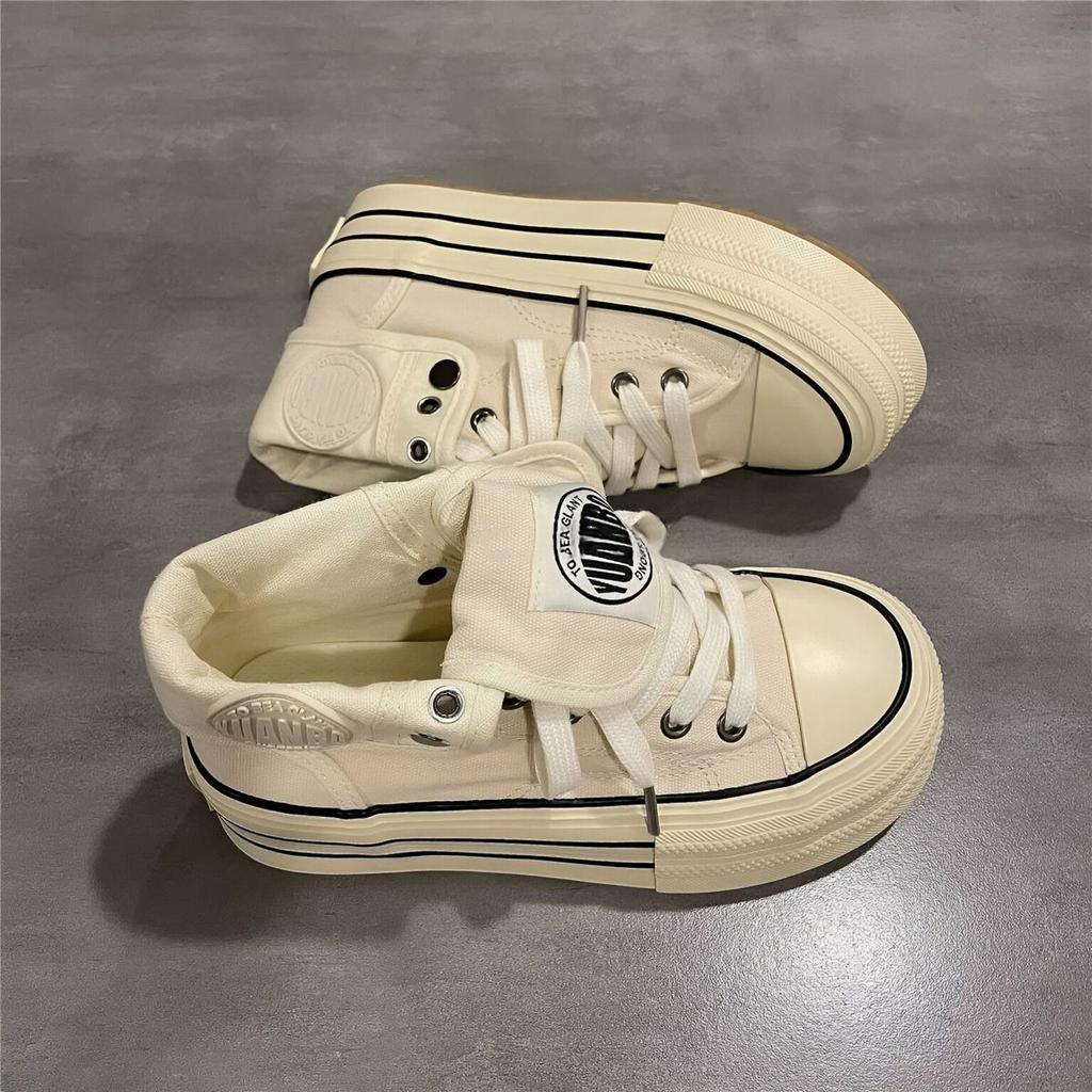 Thick-soled Versatile High-top Canvas Shoes for Women's 2025 Spring and Autumn New Japanese Board Shoes, Small Height-increasing Student White Shoes