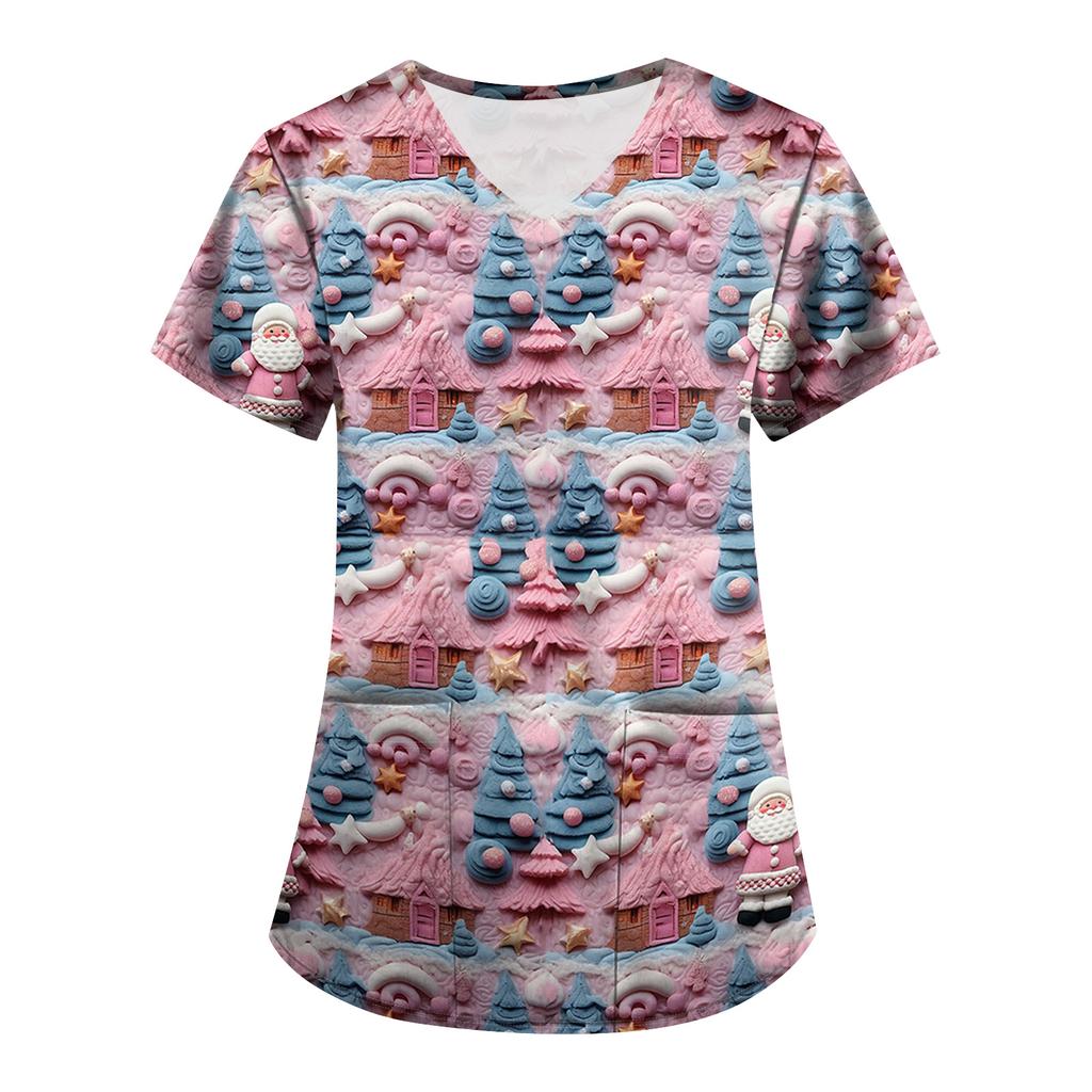 Plus SizePrinted Scrub Working Uniform Tops For Women's Cross V-Neck Print Short Sleeve Fun T-Shirts Workwear Tee With Pockets