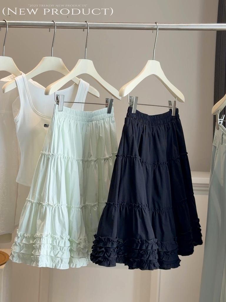 Summer Korean Ruffle Lace High-Waisted A-Line Skirt