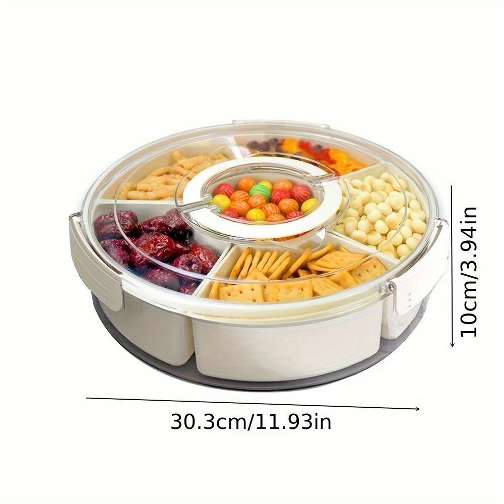Divided Rotating Serving Tray with Lid and Handle, Portable Snackle Box for Fruits Snacks Veggie Charcuterie, Clear Snack Spinne