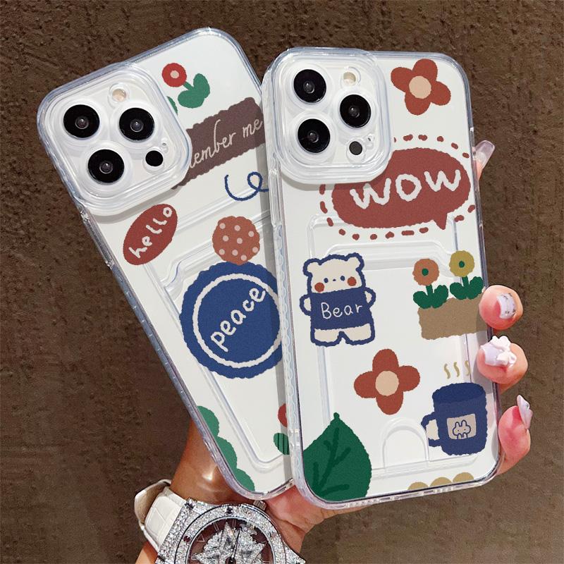 Card Slot Holder Silicone Wallet Pocket Case For Samsung A15 A25 A35 Xiaomi Redmi Note 12 13 14 Oppo A38 A58 A78 iPhone 16 17 Cover Clear Phone Bumper