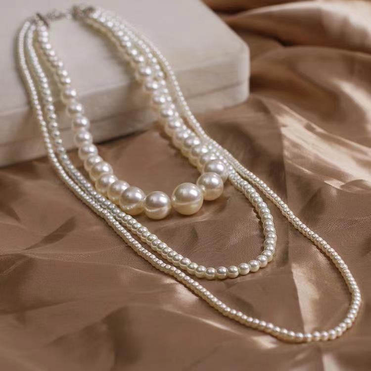 Triple layer stacked glass bead long necklace wedding dress street shot cheongsam sweater chain Internet celebrity explosion female