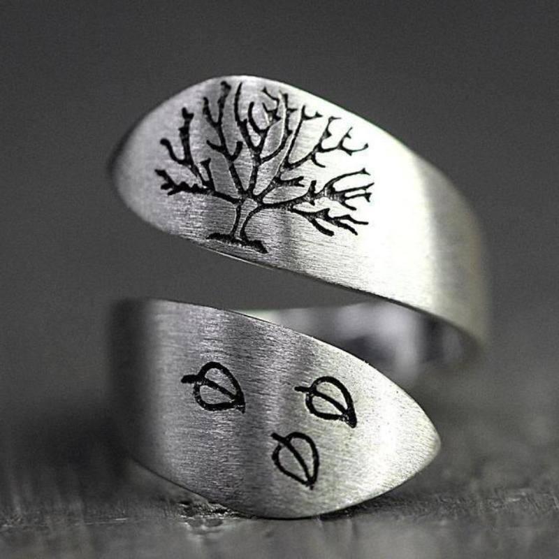 

Retro Open Brushed Three-leaf Tree of Life Open Ring one size(US size 6-13) срібний
