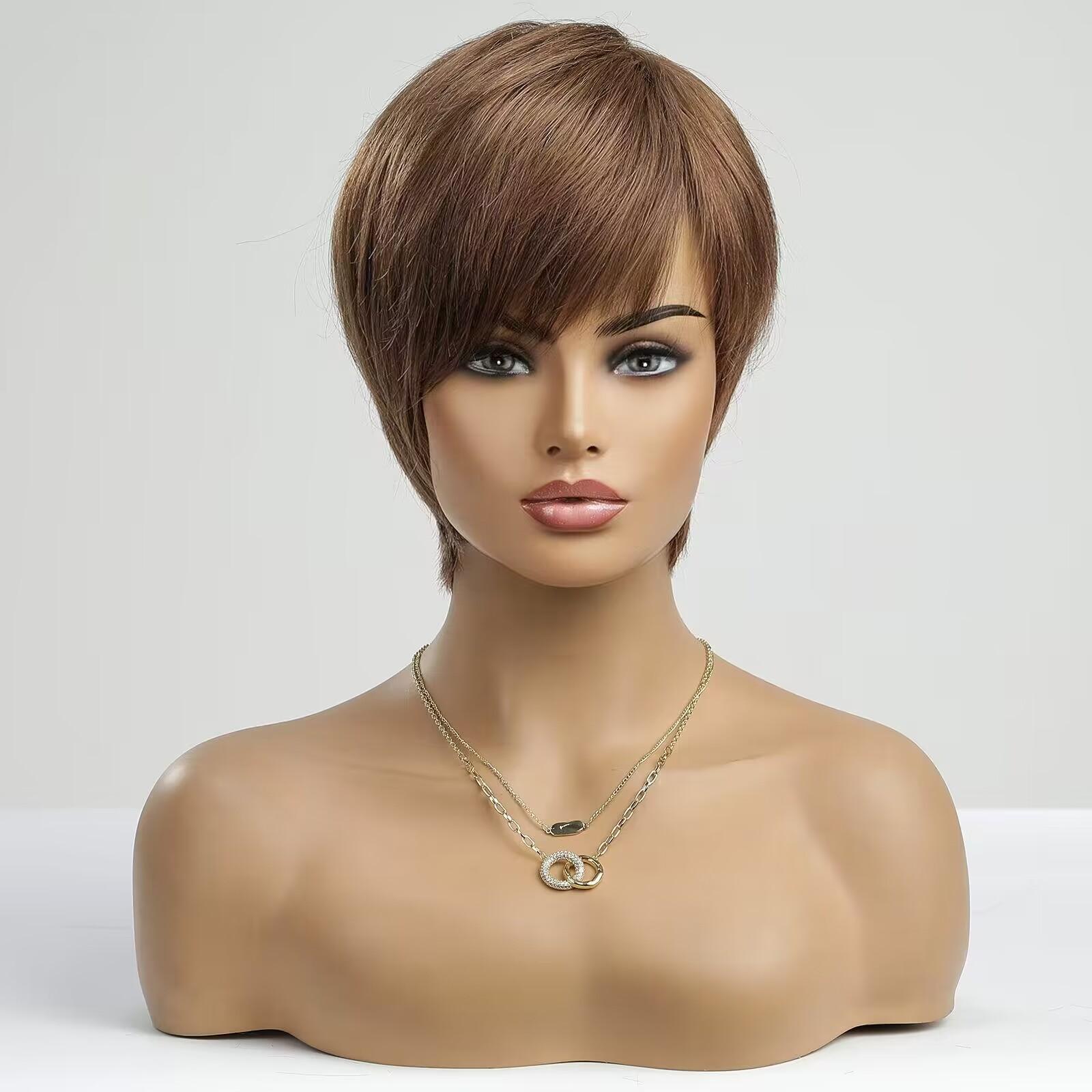 

HAIRCUBE Короткие кремово-русые парики из 100% натуральных волос для женщин, прямой парик с стрижкой пикси с челкой, бесклеевые парики, натуральные, для повседневного использования