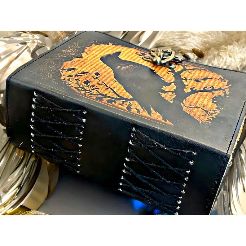 Grimoire Vintage Leather Journal – Raven Grimoire Print, Gothic Spell Book of Shadows, Celestial Witchcraft Journal Gifts