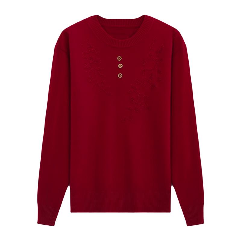 Women's Loose-Fit Knitted Sweater for Middle-Aged & Elderly: Free Size, Long-Sleeved T-Shirt, Spring/Autumn.