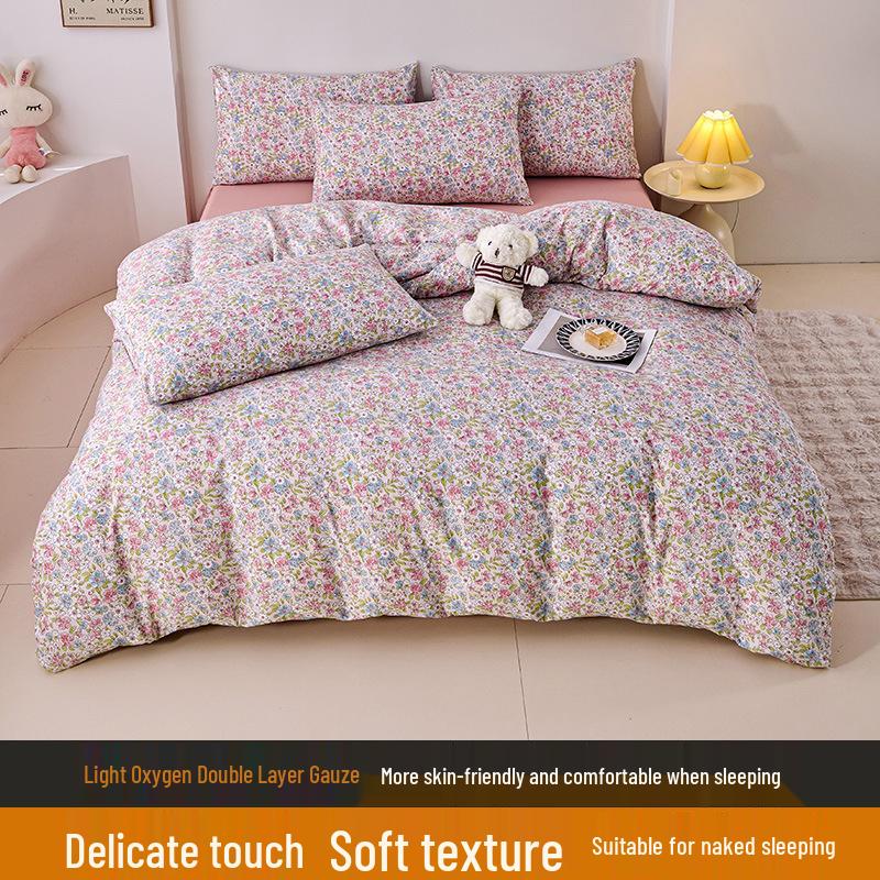 Elegant High-Weight Knit Cotton Floral Four-Piece Bedding Set – Skin-Friendly, Available In Single/Double Sizes.